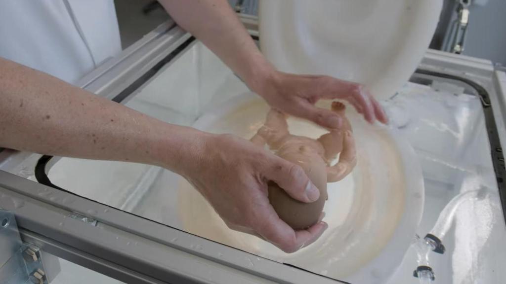 Maniquí dentro del útero artificial