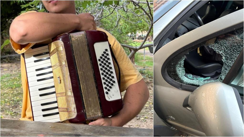 El acordeón robado, a la izquierda; y los daños producidos por el robo, a la derecha. Cedidas