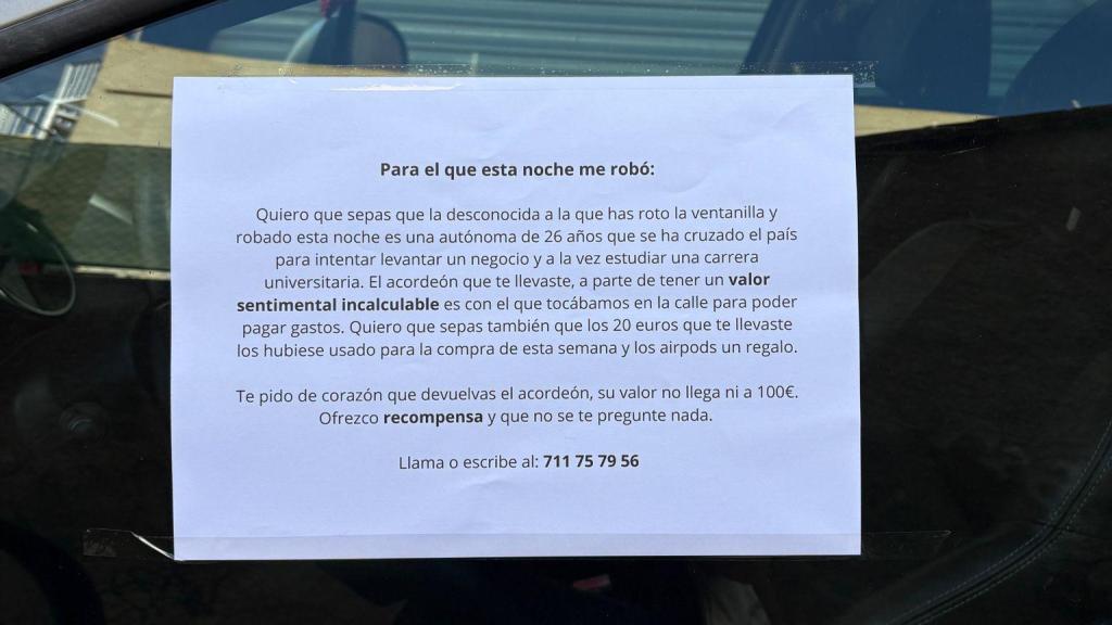 Nota que Lidia dejó escrita al ladrón. Cedida