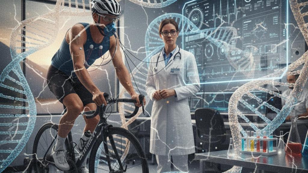 Ilustración de un ciclista en un laboratorio sometiéndose a pruebas.