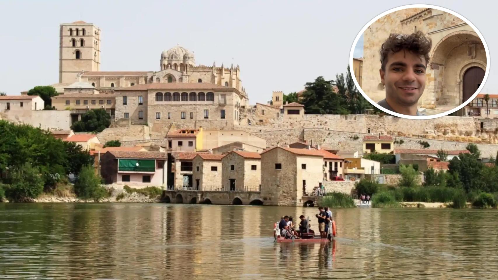 Imagen del río Duero a su paso por Zamora y, en el círculo, Román Socias en el vídeo publicado en sus redes sociales