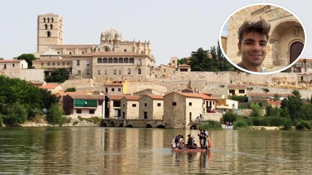 Imagen del río Duero a su paso por Zamora y, en el círculo, Román Socias en el vídeo publicado en sus redes sociales