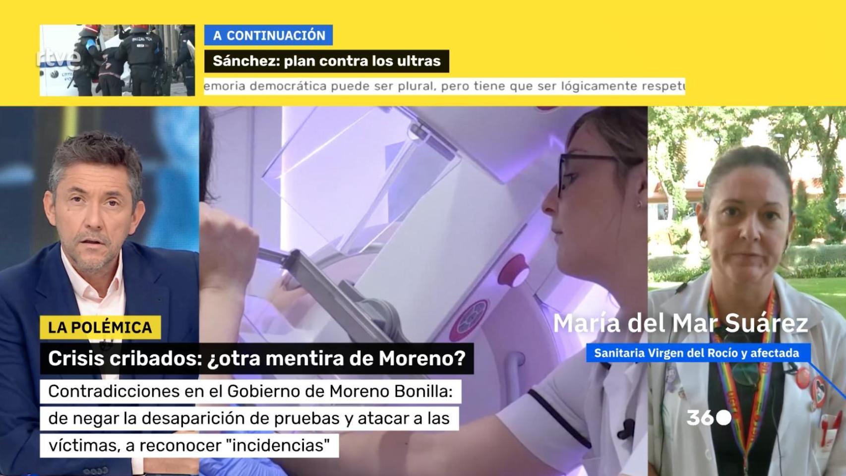 Javier Ruiz y la falsa médico María del Mar Suárez en 'Mañaneros 360', donde se le rotula como sanitaria.