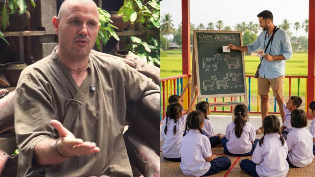 Juan y un español enseñando inglés creado con IA.