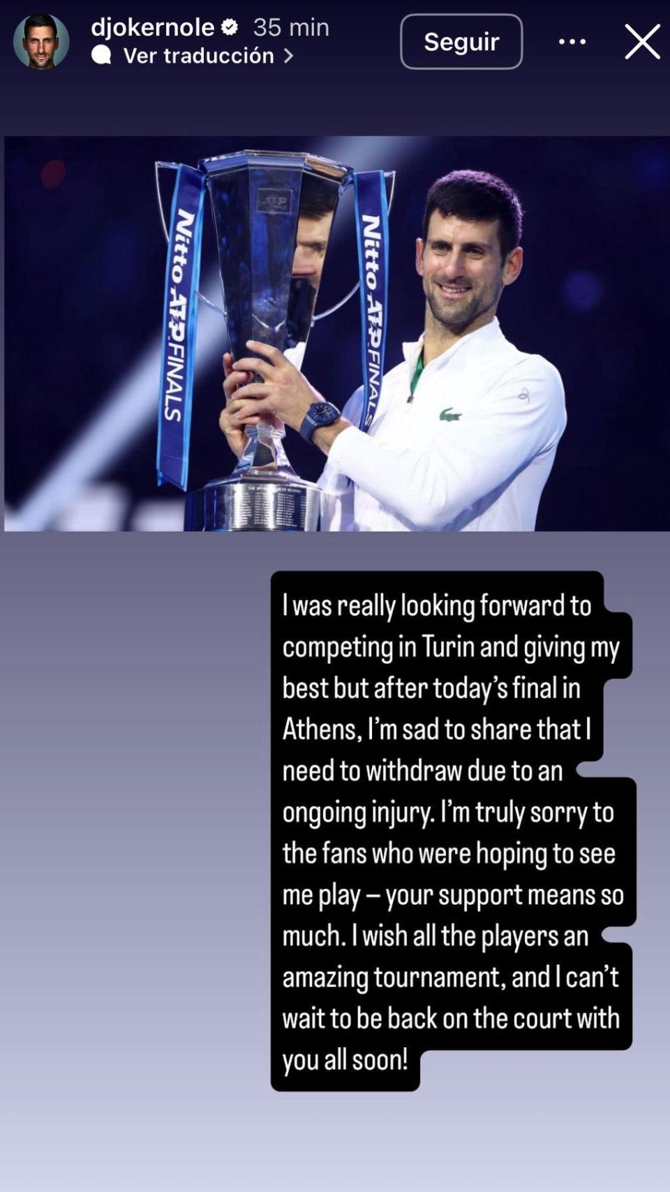 Mensaje de Djokovic en su cuenta de Instagram.