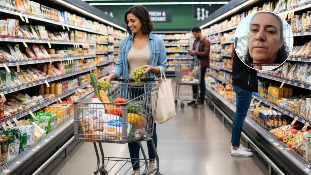Imagen generada por IA de una mujer haciendo la compra y una imagen de Mari Terraza.