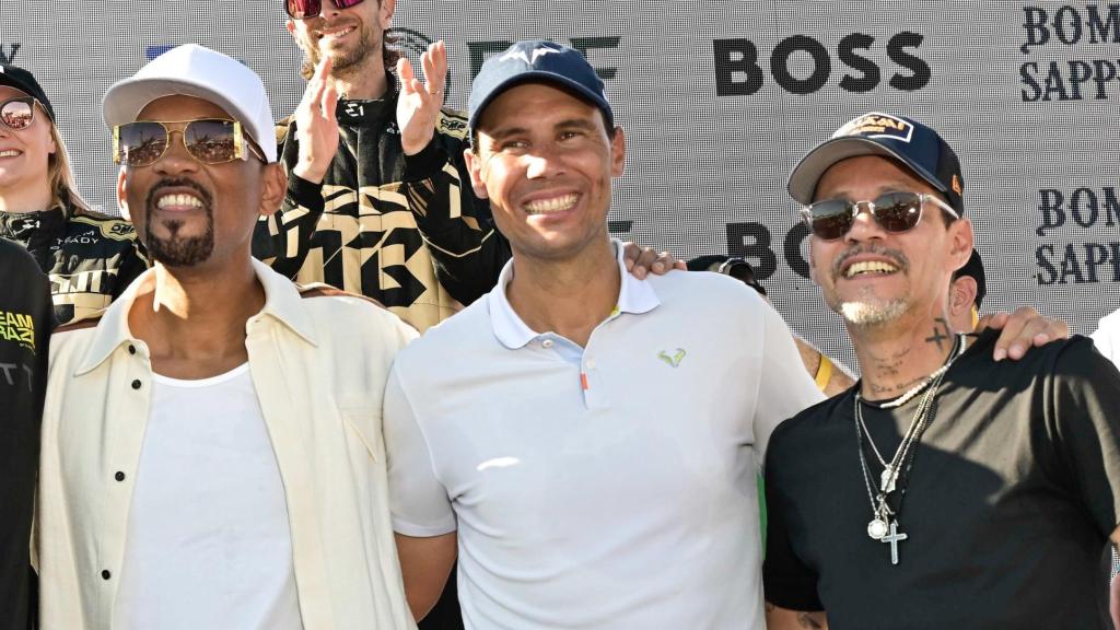 Rafa Nadal, con Will Smith y Marc Anthony, en el GP Miami de la E1 Series.