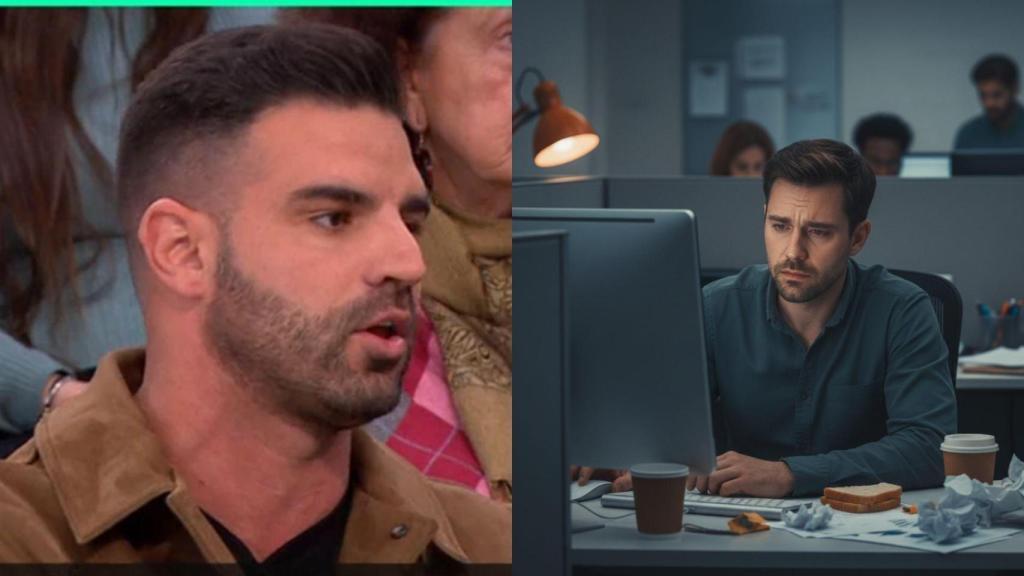 Imagen de Javier Oliver y una imagen generada por IA de un hombre trabajando.