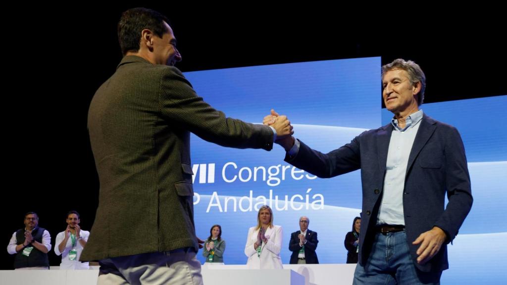 Alberto Núñez Feijóo saluda a Juanma Moreno este domingo en Sevilla.