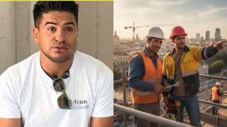Imagen de Andrés y una imagen generada por IA de dos trabajadores de la construcción.