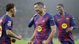 Los jugadores del Barça celebran el gol de Lewandowski ante el Celta.