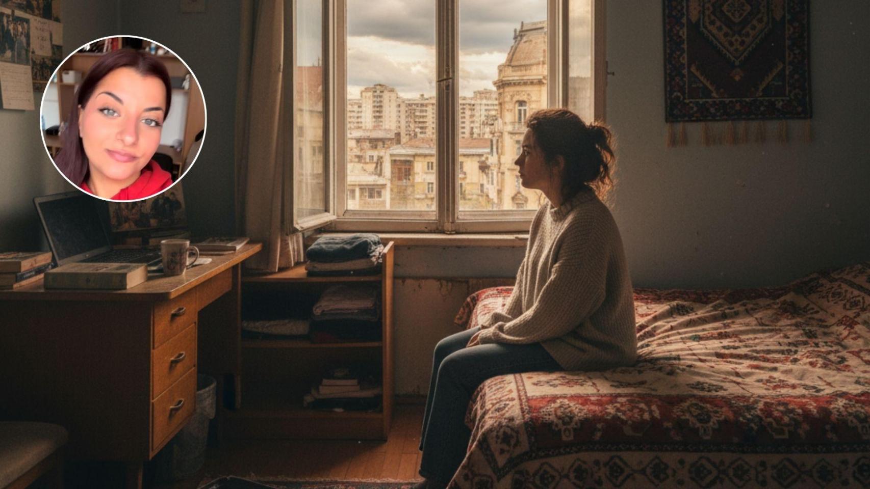 Imagen generada por IA de una joven en una habitación en alquiler en Rumanía y una imagen de Marta.