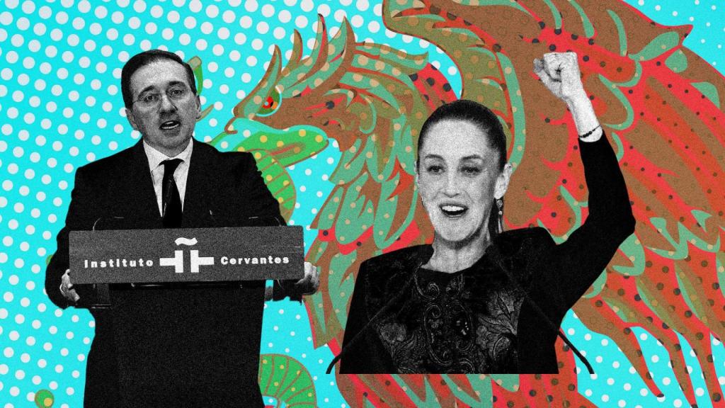 A la izquierda, el ministro de Asuntos Exteriores, José Manuel Albares, durante el discurso en el reconoció el dolor e injusticia hacia los pueblos originarios de México. A la derecha, la presidenta de México, Claudia Sheinbaum. Diseño: Rubén Vique