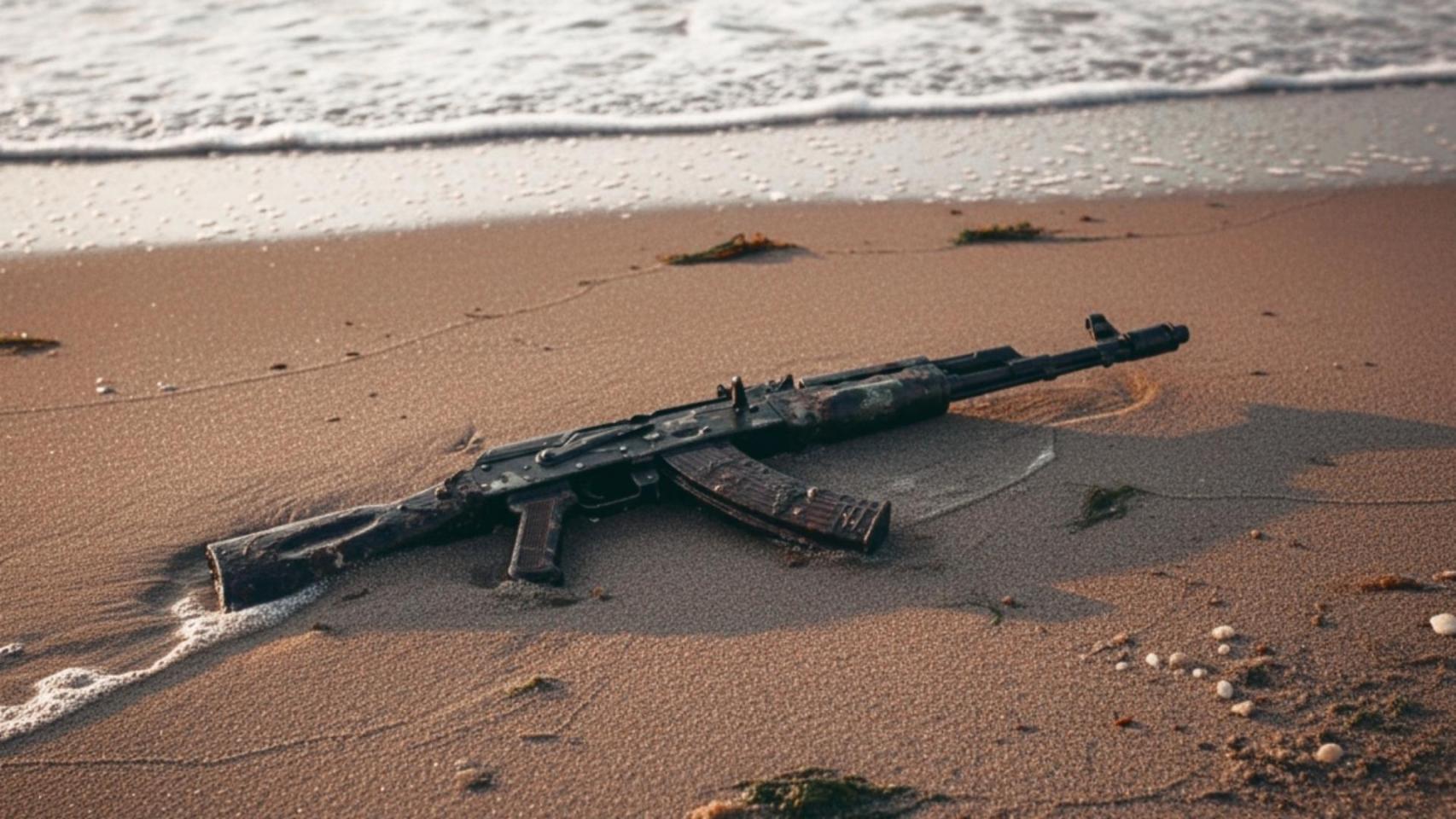 Imagen creada con IA de un fusil Kalashnikov oxidado en la orilla de una playa.