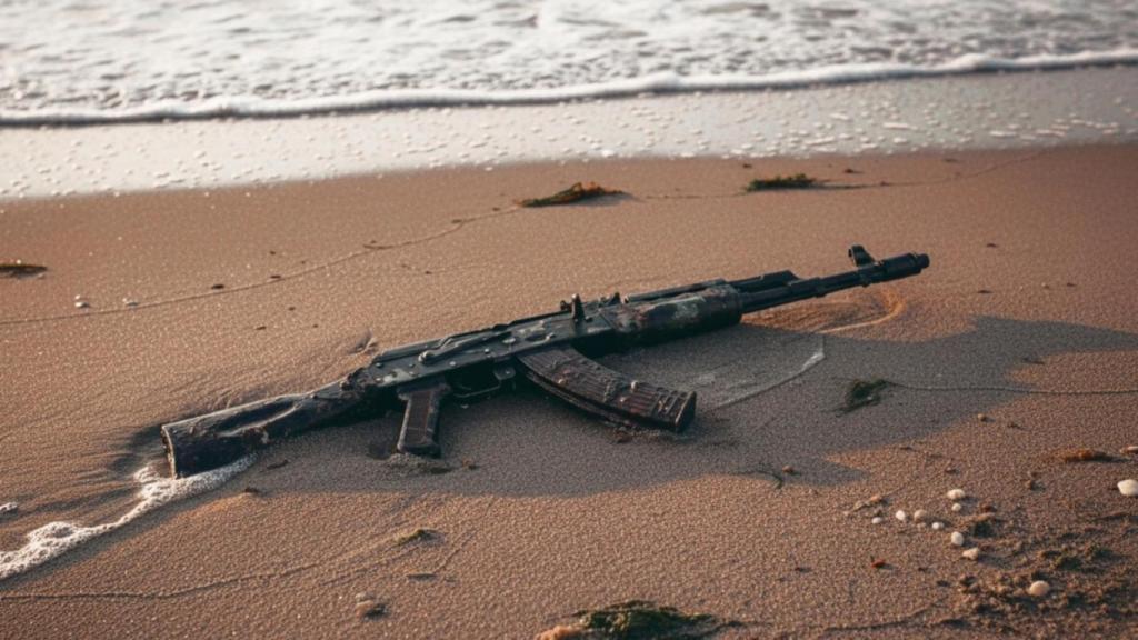 Imagen creada con IA de un fusil Kalashnikov oxidado en la orilla de una playa.