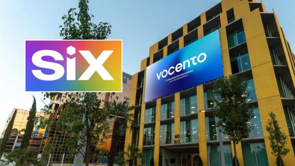 Logo de la revista Six y la sede principal de Vocento en Madrid.