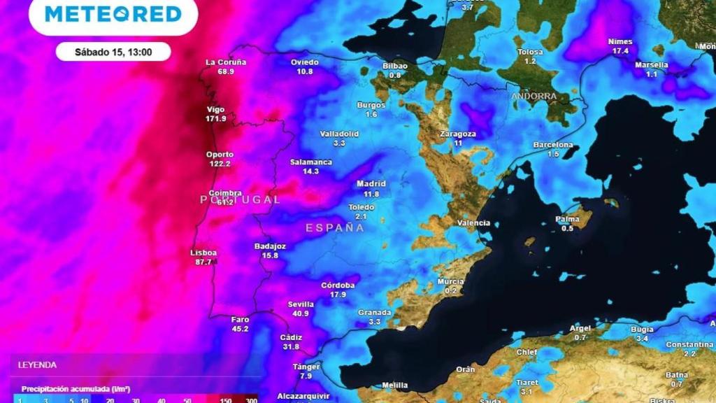 Los acumulados que dejará la borrasca Claudia. Meteored.