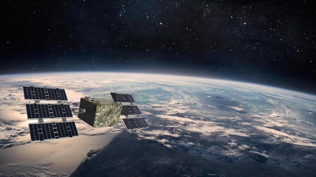 Recreación del satélite Tritó volando.