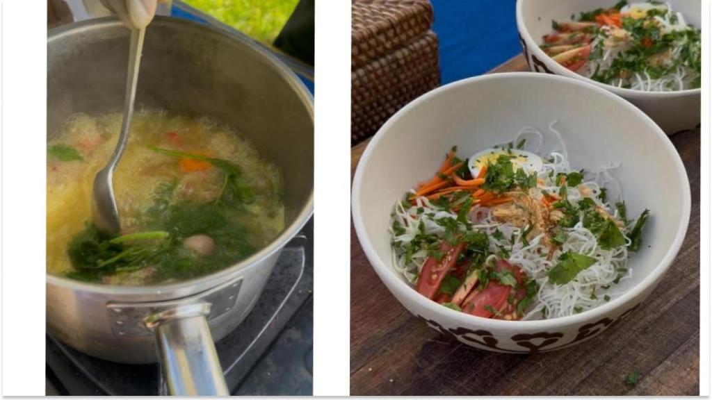 La elaboración de la sopa y la mise en place de la sopa donde se verterá el caldo.