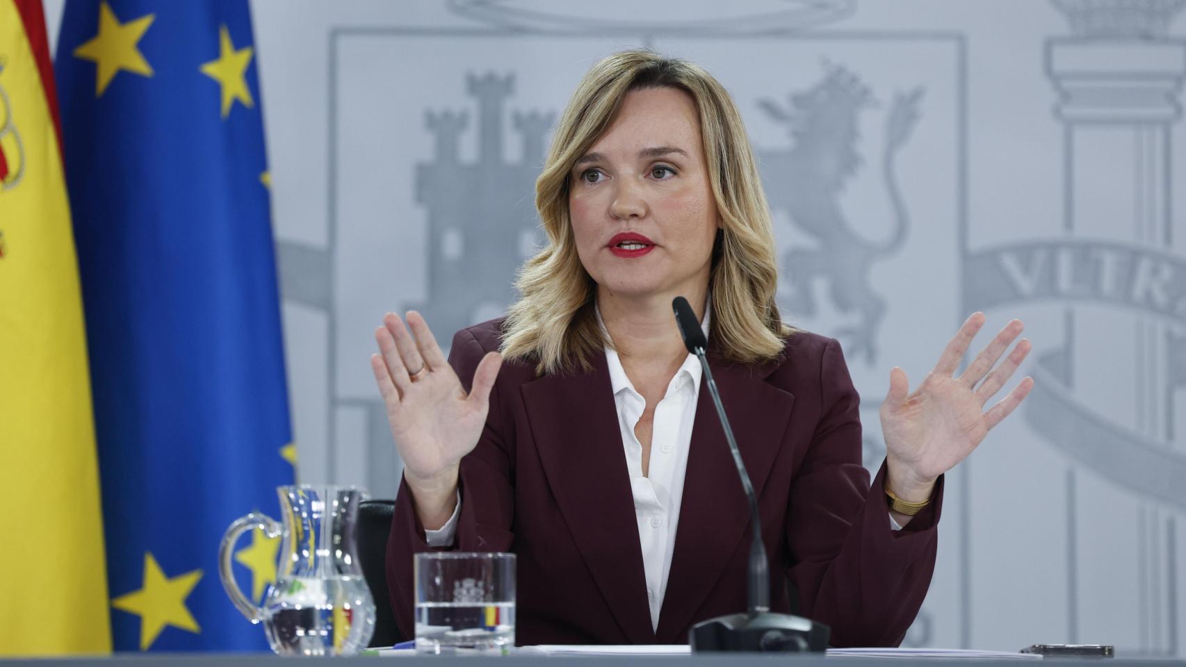 Pilar Alegría durante la rueda de prensa tras el Consejo de Ministros celebrada en La Moncloa