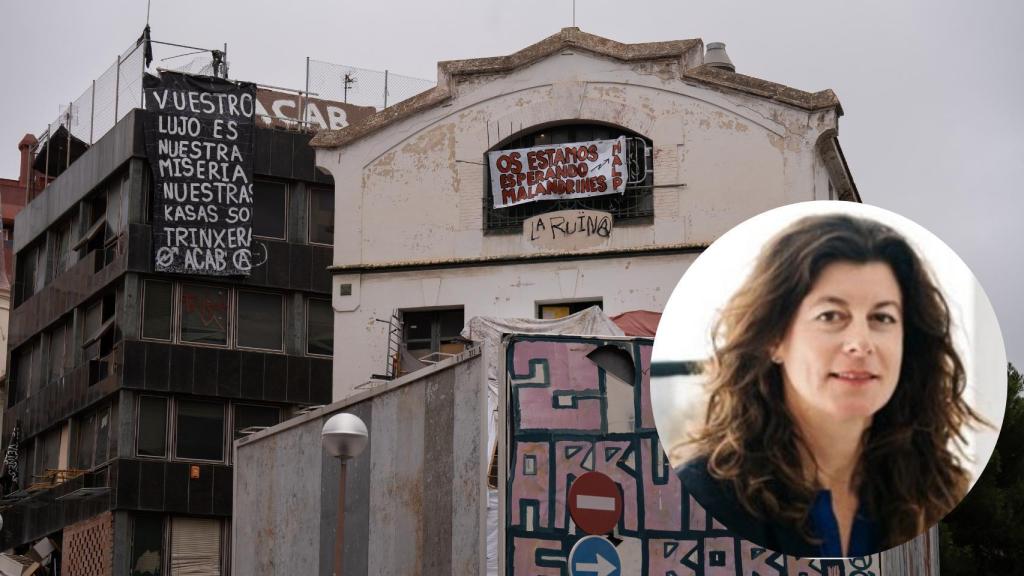 Montaje de Sandra Aurrecoechea con un edificio okupado (David Zorrakino/Europa Press).