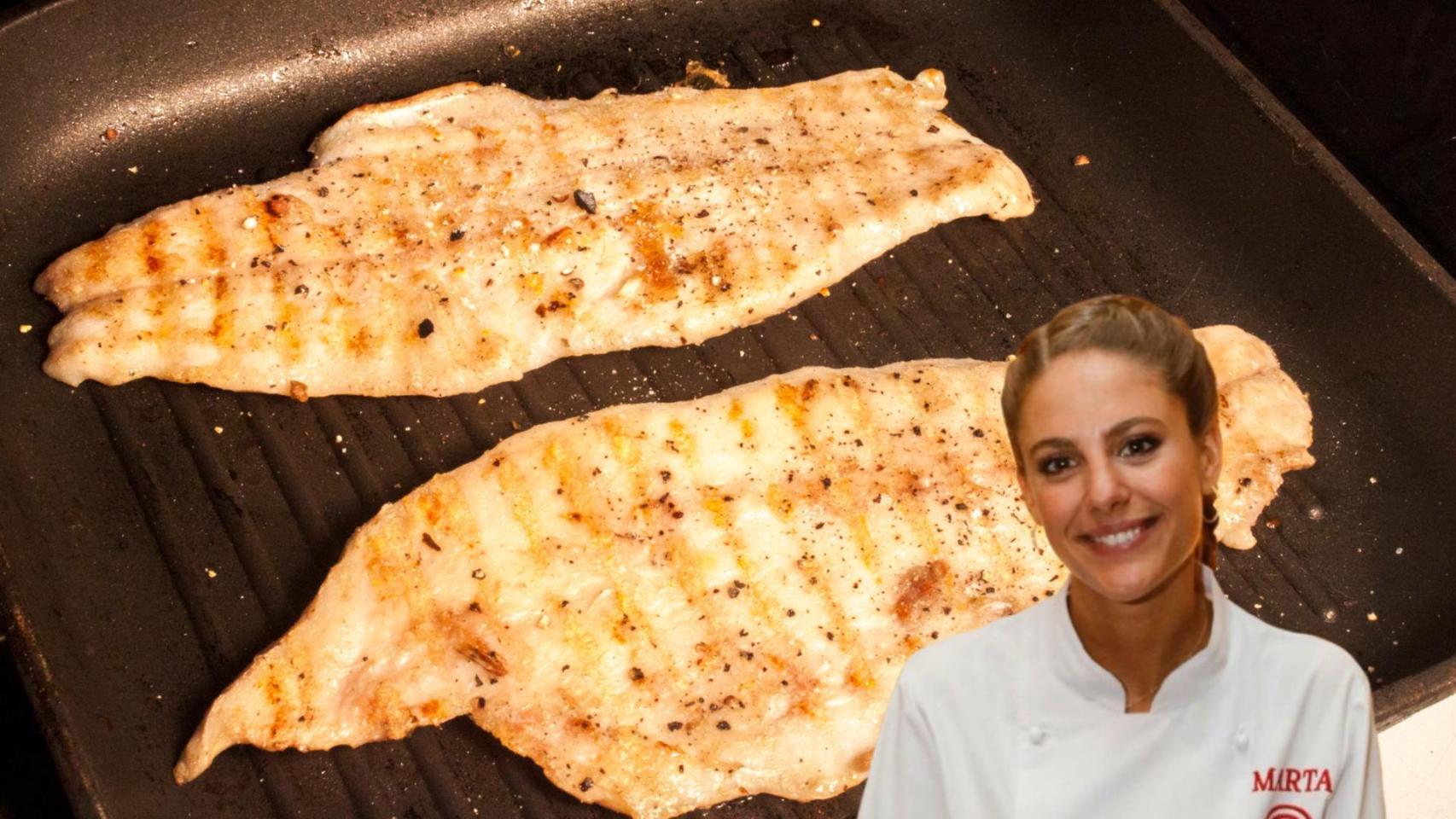 Un montaje de la chef con unos filetes de pollo.