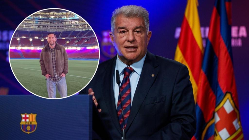 Joan Laporta, presidente del Barça, y la foto de Messi en el Camp Nou