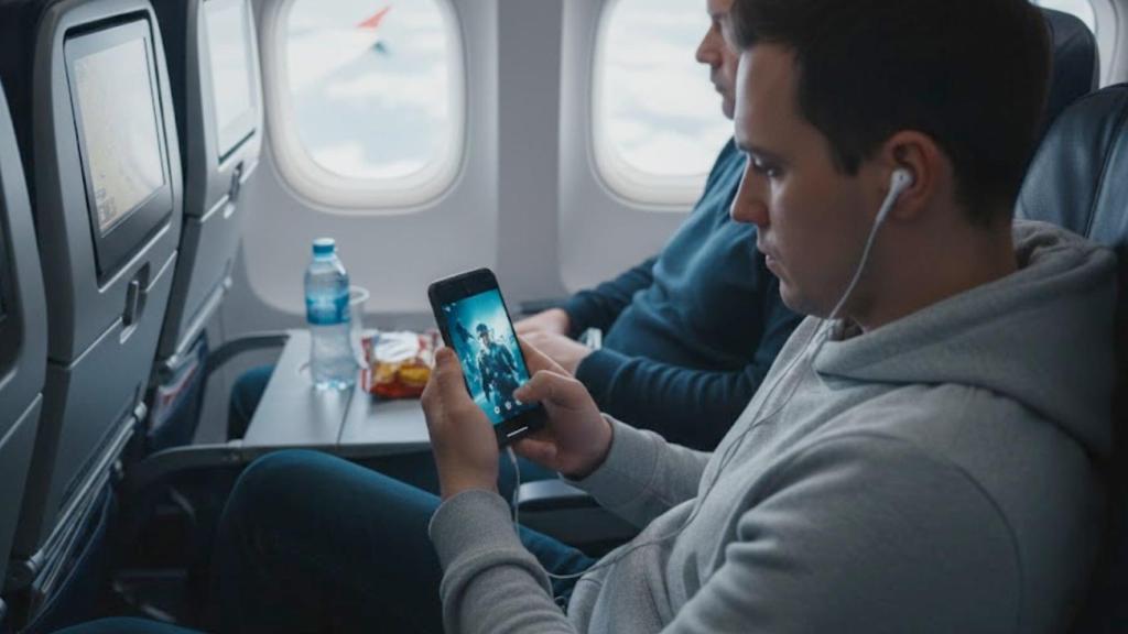 Una persona usando el móvil en un avión