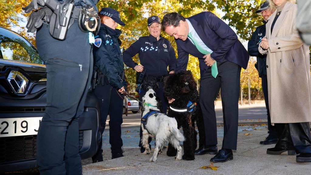 El primer edil saluda a los perros policía de la Unidad Canina de Toledo.