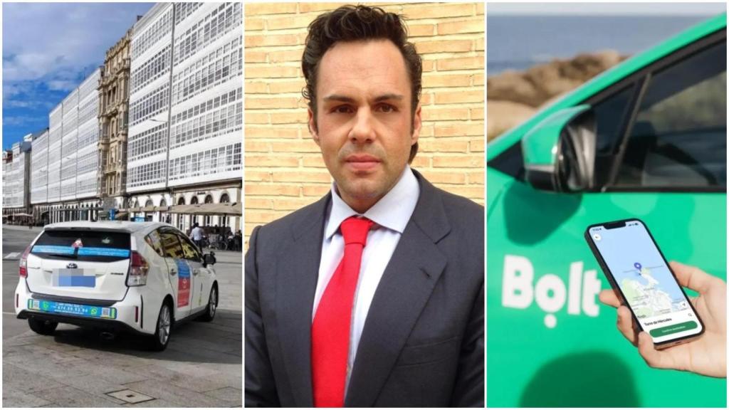 Eduardo Martín, presidente de Movea Galicia, entre las imágenes de un taxi en A Coruña y un móvil con la aplicación de un servicio de VTC.