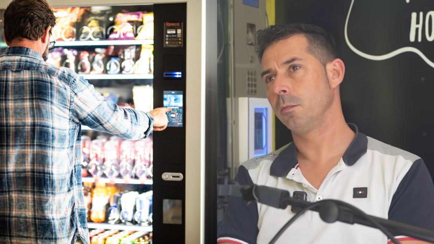 Montaje de una imagen de stock de una máquina expendedora y una imagen del empresario David.