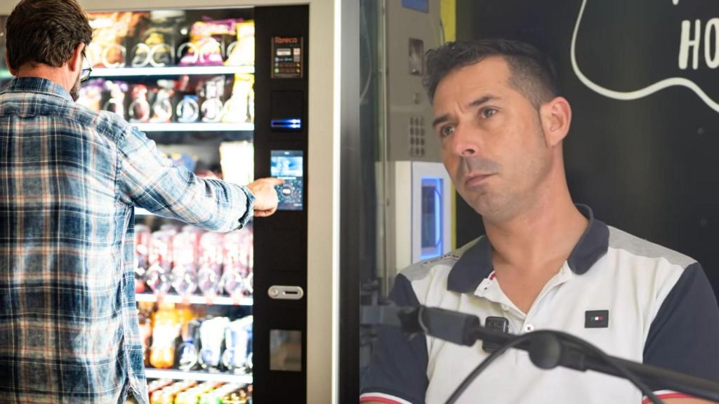 Montaje de una imagen de stock de una máquina expendedora y una imagen del empresario David.