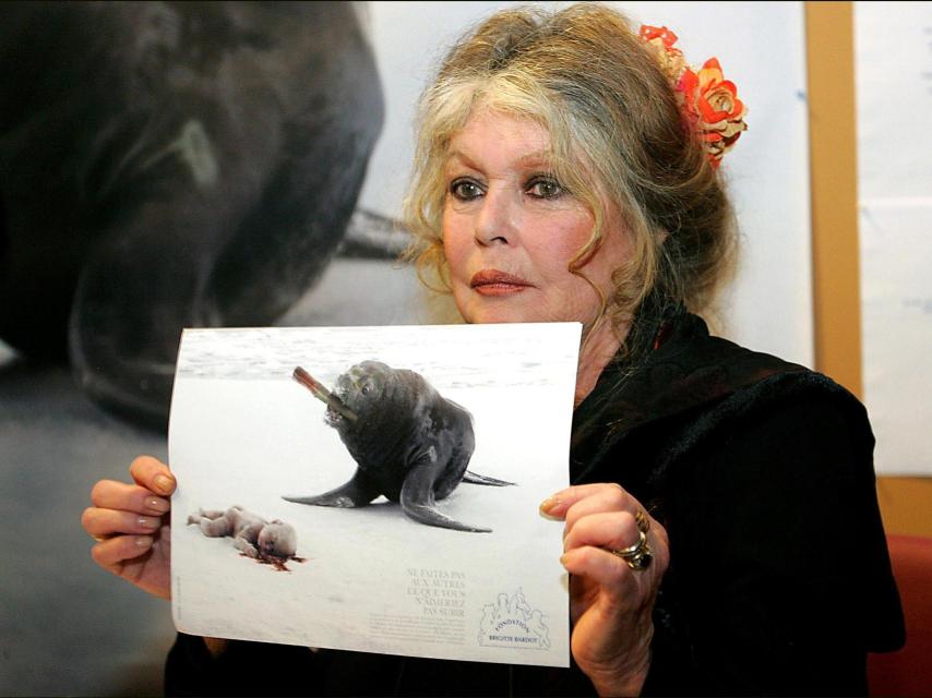 Brigitte Bardot showing a poster from one of her activist campaigns.