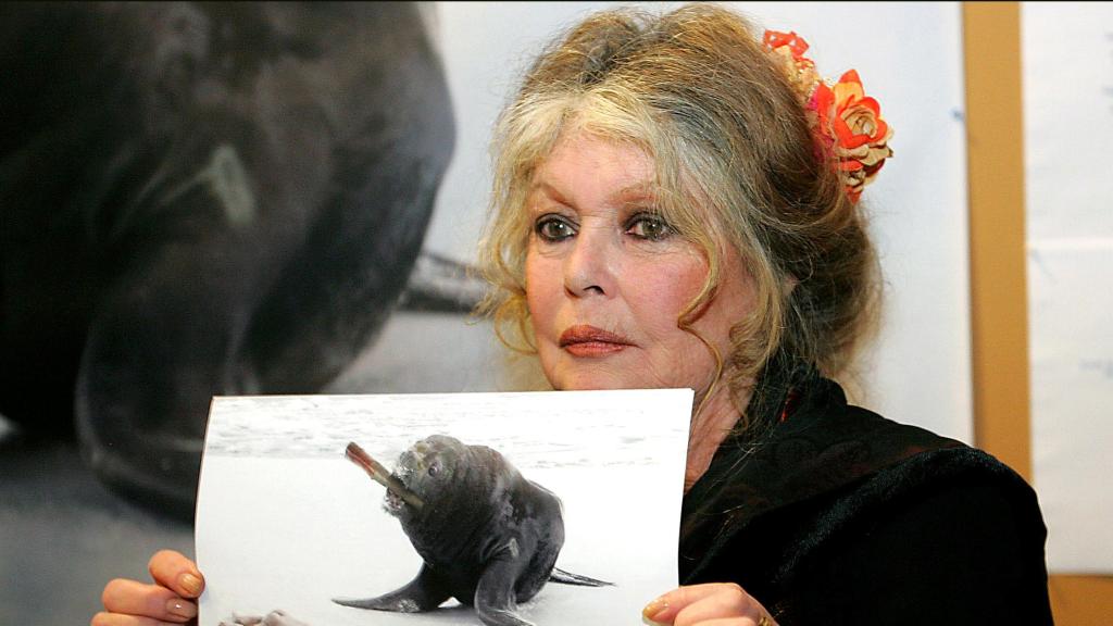 Brigitte Bardot mostrando un cartel de una de sus campañas de activismo.