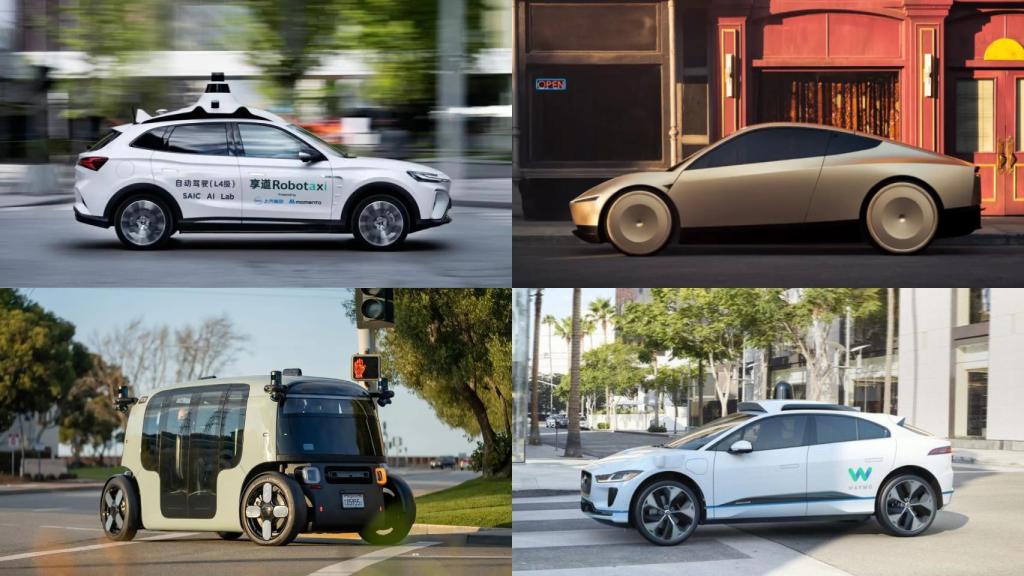 Distintos modelos de robotaxis de Momenta, Tesla, Zoox y Waymo (de arriba a abajo y de izq. a dcha.)