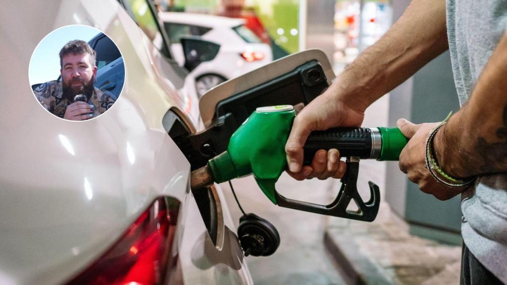 Montaje con una imagen de archivo de un conductor repostando y el experto en ahorro.