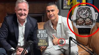 Cristiano Ronaldo, junto a Piers Morgan, con su reloj Twin Turbo Furious Baguette de Jacob & Co