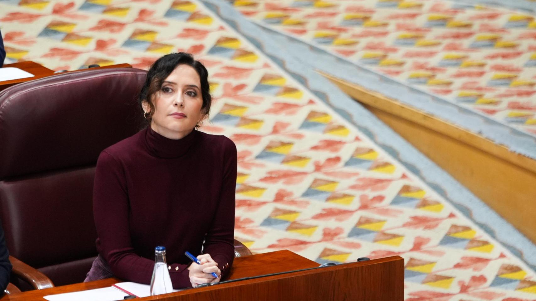 La presidenta de la Comunidad de Madrid, Isabel Díaz Ayuso, este jueves en la Asamblea de Madrid.
