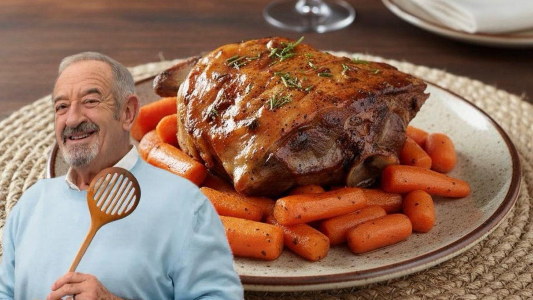 El chef Karlos Arguiñano junto a un plato de ternasco.