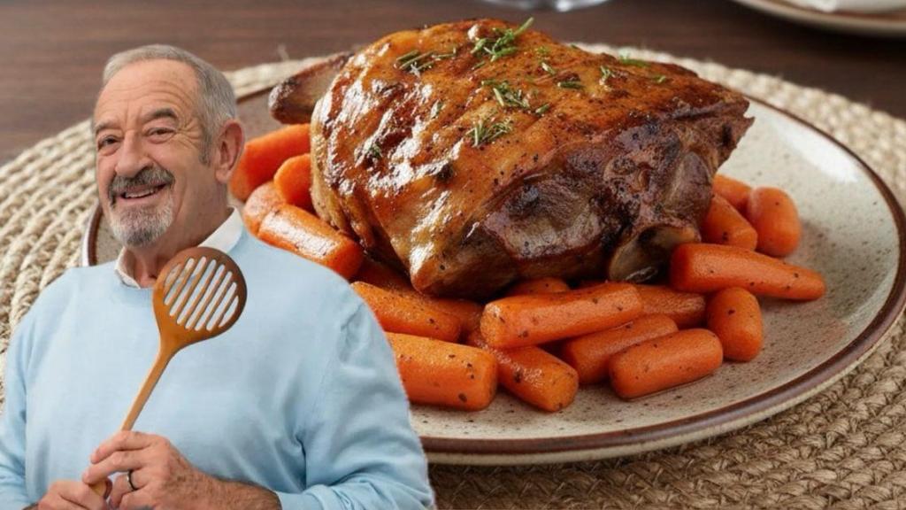 El chef Karlos Arguiñano junto a un plato de ternasco.