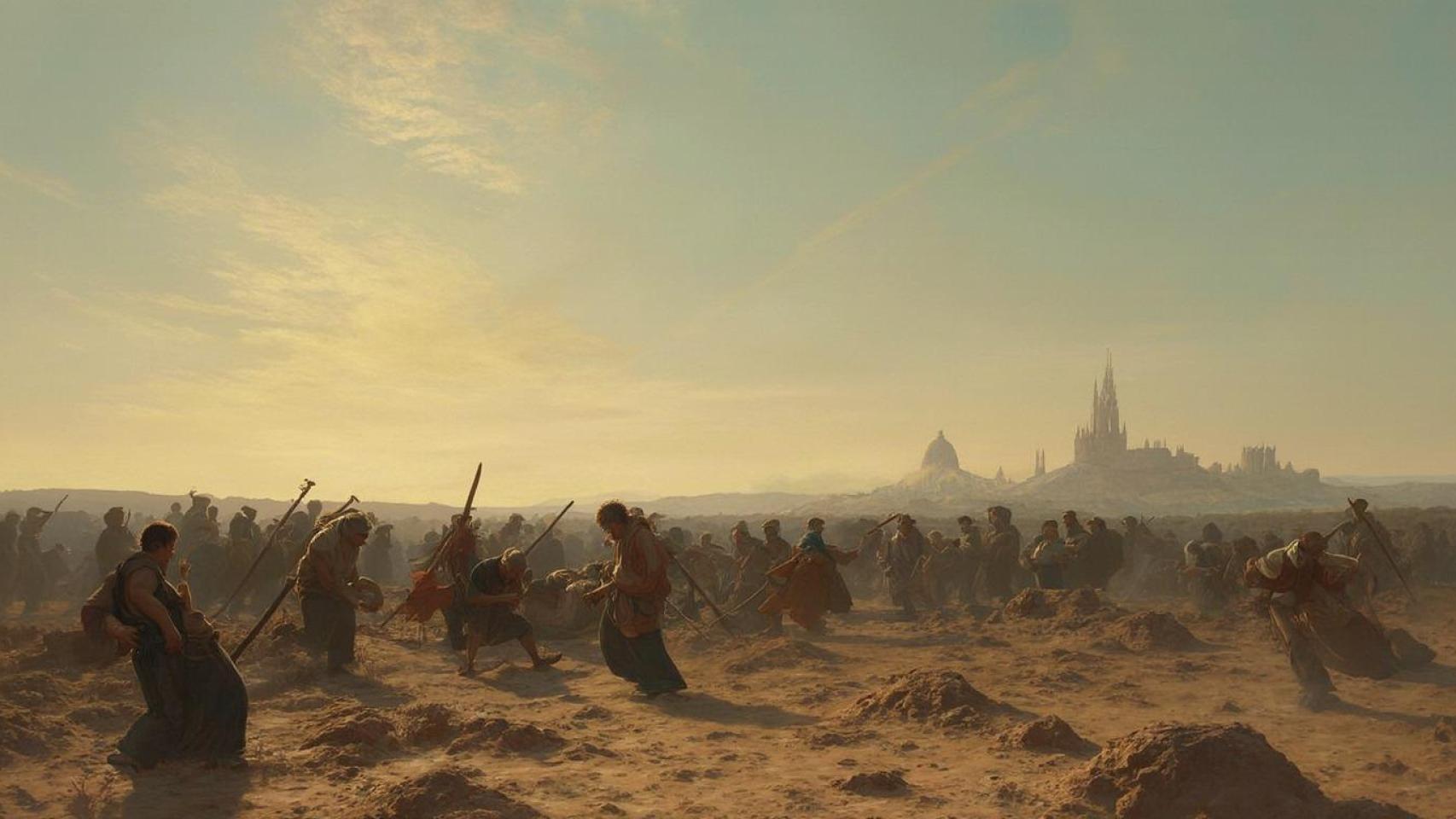 Imagen creada por inteligencia artificial sobre la sequía y las hambrunas en la Edad Media.