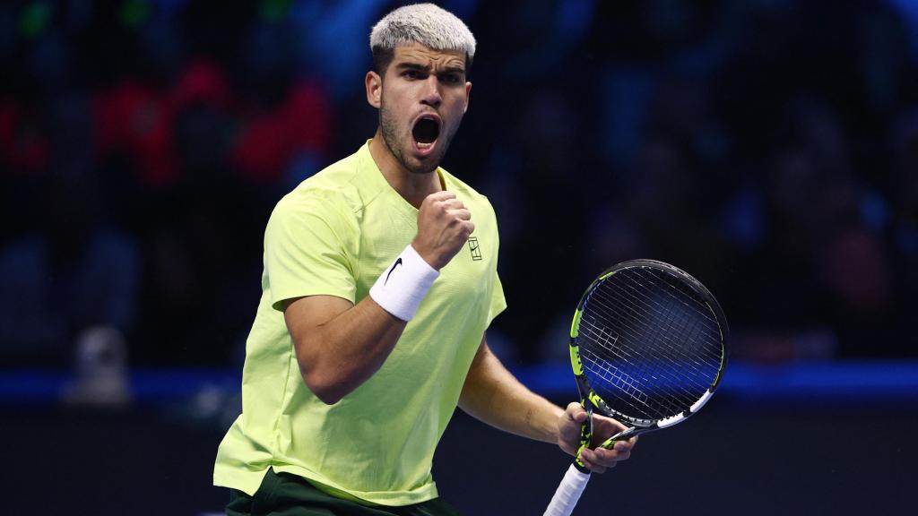 Carlos Alcaraz celebra uno de los puntos en su victoria ante Musetti.
