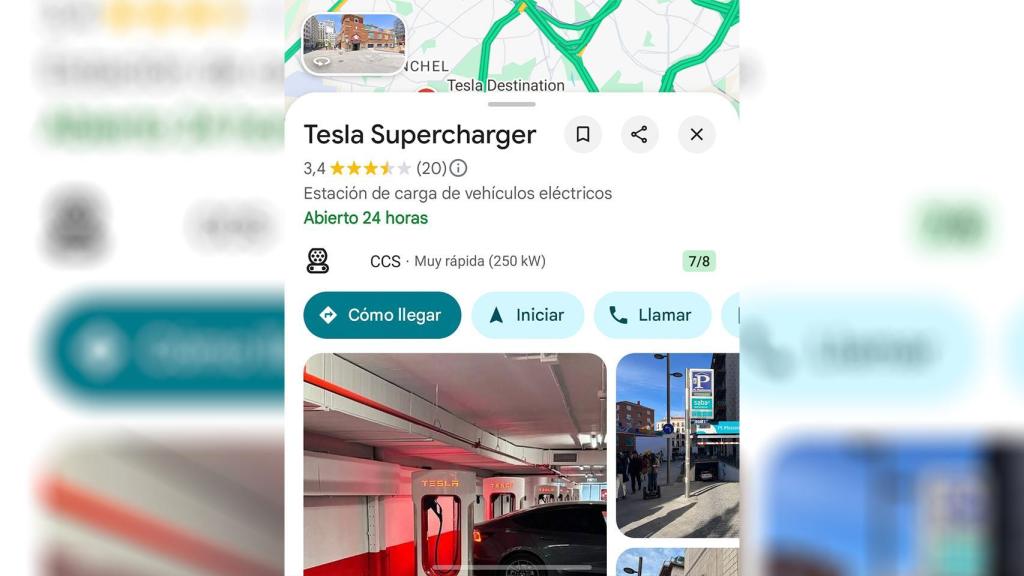 Tarjeta de Supercargador de Tesla en Google Maps