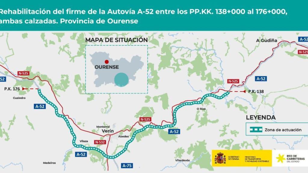 Mapa de las actuaciones previstas en la A-52 en Ourense.