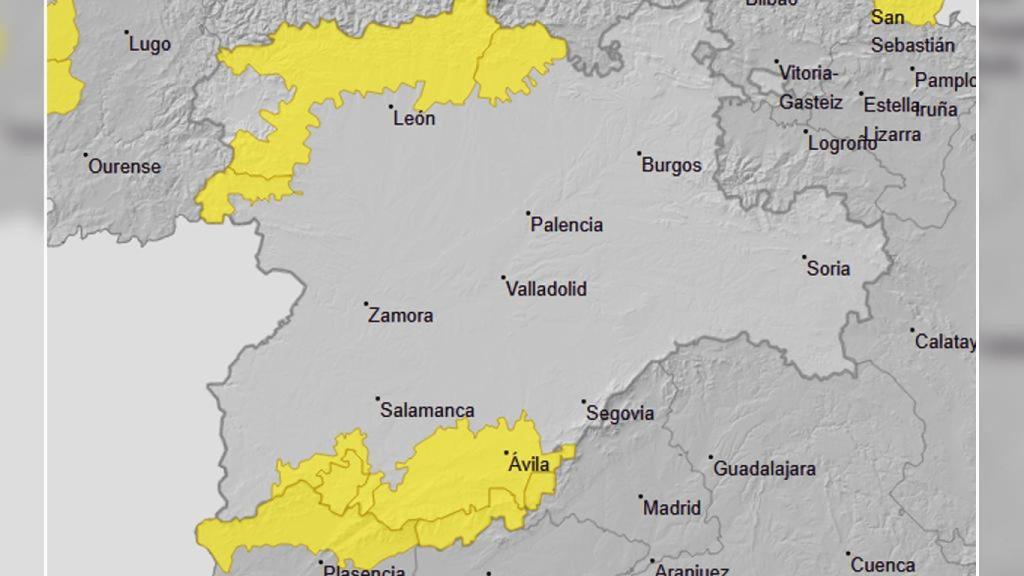 Mapa de Castilla y León y los avisos amarillos