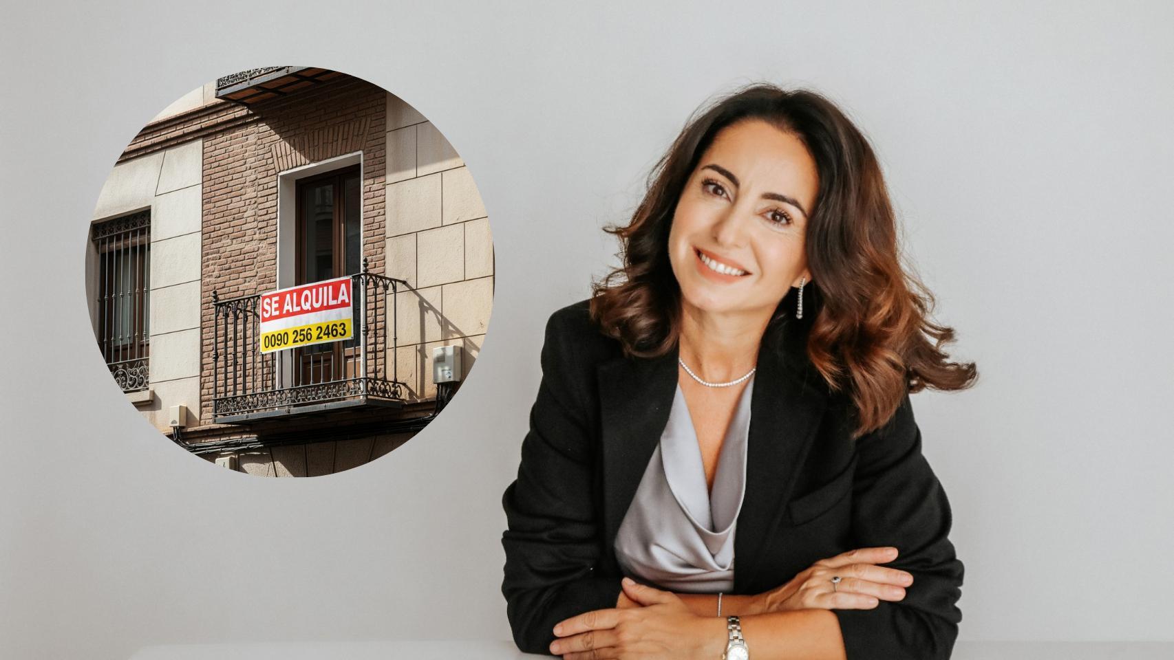 Montaje de Mercedes Blanco con un cartel de vivienda en alquiler.