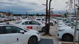 Taxis en O Parrote, en la concentración de este jueves en A Coruña contra los VTC.