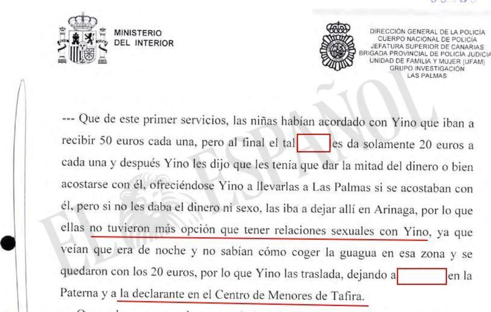 Extracto de una de las denuncias que una de las víctimas interpone ante la UFAM de la Policía Nacional en Las Palmas de Gran Canaria en la que consta el 'modus operandi' de Yino y su conocimiento de que algunas de ellas eran menores tuteladas.