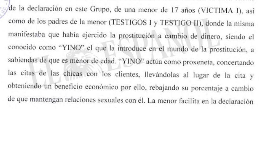 Extracto de diligencias policiales en las que consta el presunto proxenetismo de Yino y su forma de actuar. Si las menores accedían a tener relaciones sexuales con él, recibían más dinero de lo pactado.
