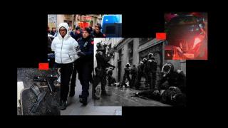 Operativos policiales contra células dominicanas en Barcelona y Toledo. A la izquierda, armas incautadas; en el centro, agentes detienen a un miembro de uno de estos grupos; a la derecha, un vehículo del GEO de la Policía Nacional afectado en un tiroteo reciente.